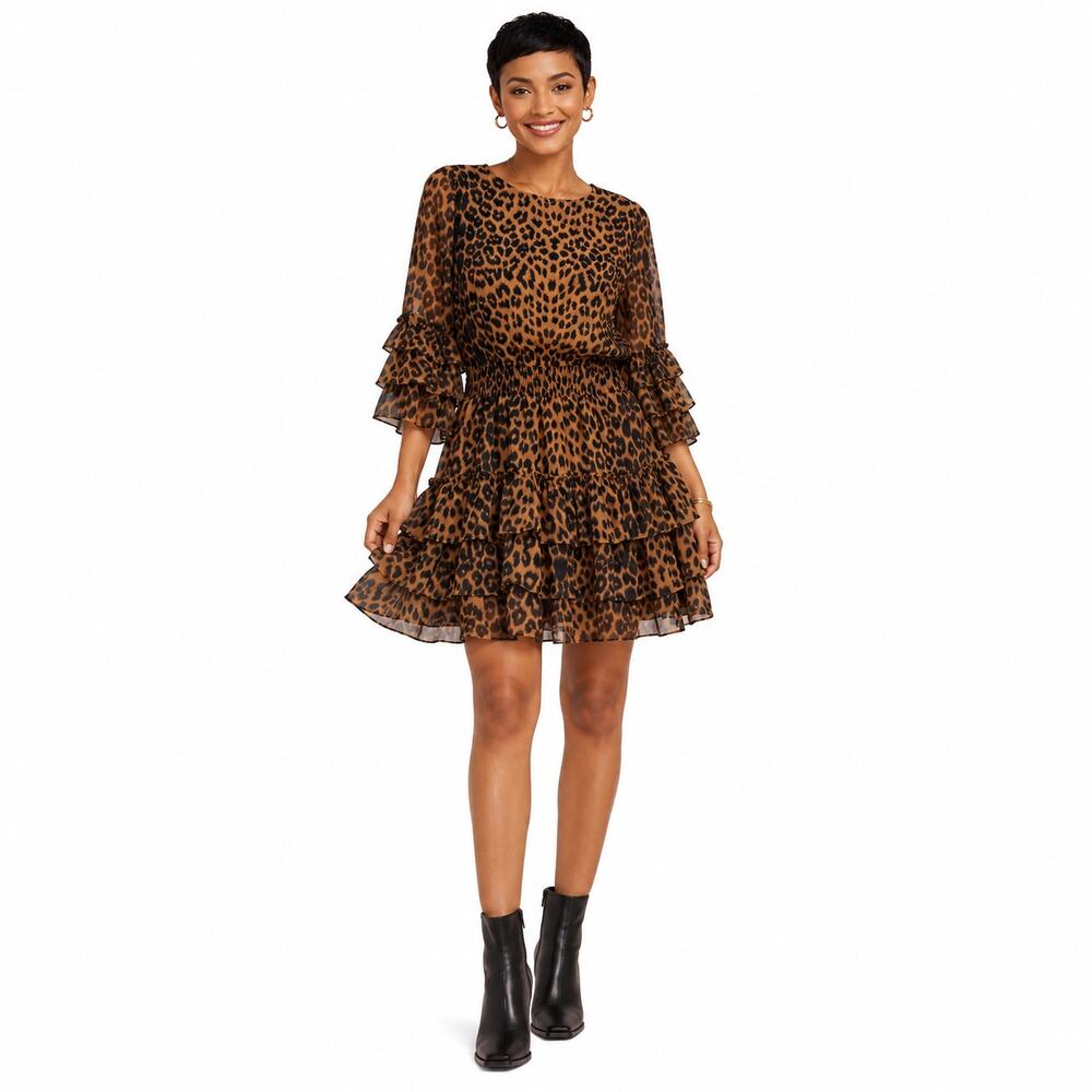 The Impeccable Pig Leopard Print Tiered Mini Dress Smocked Waist NWT Small